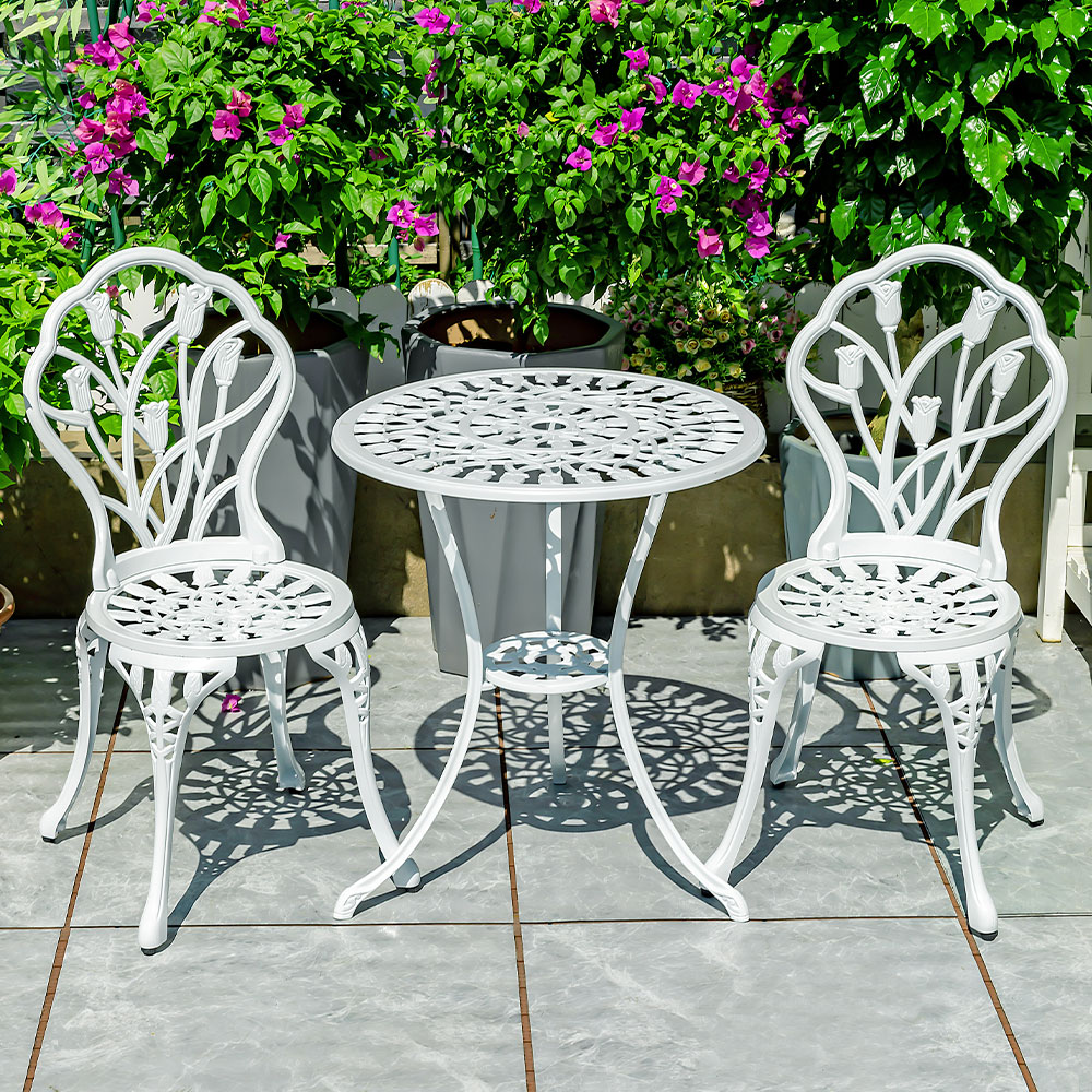 KIMDELIN 3 Piece Bistro Table Set with Tulip Design, Cast Aluminum Patio Bistro Table and Chairs for Garden, Bronze/White