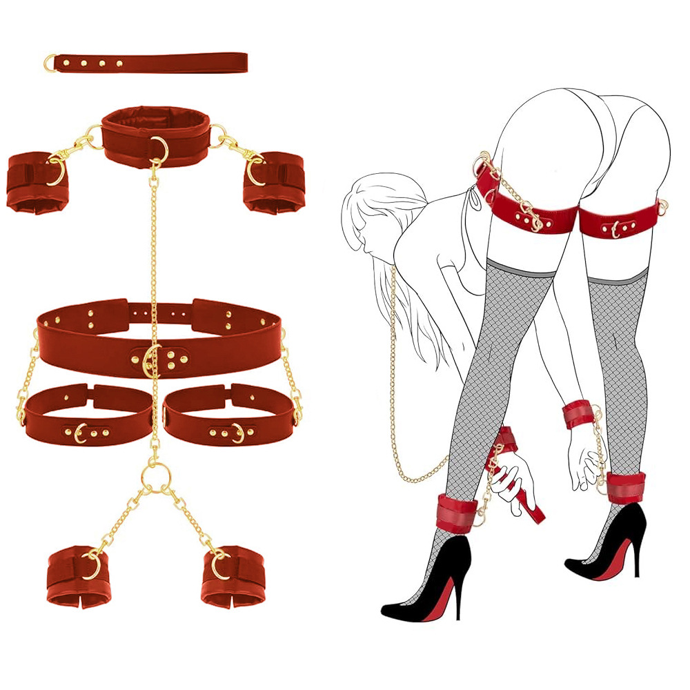 W6625未定价ชุดปลอกคอ-กุญแจมือ-กุญแจเท้าแบบชิ้นเดียว โซ่สีทอง สำหรับควบคุมท่าทาง วัสดุPU