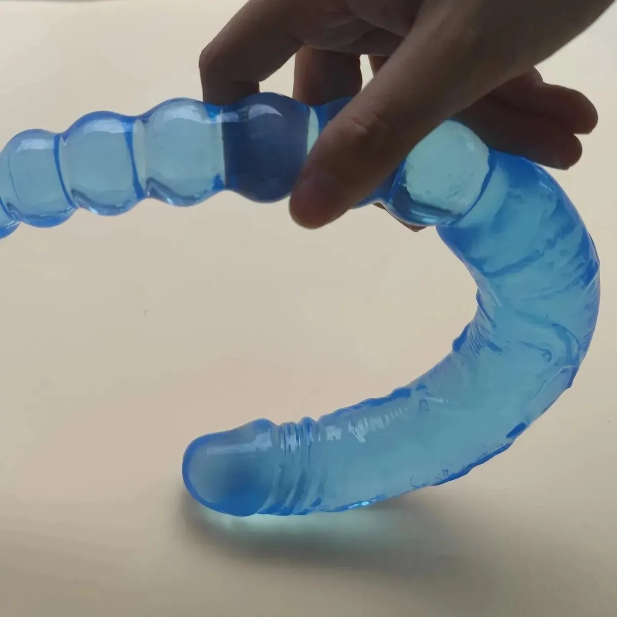 Transparent Blue Lesbian Dual-Head Realistic Beaded Dildo