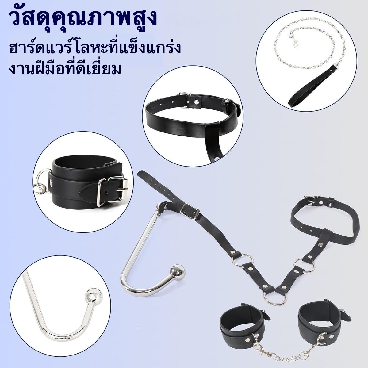 W6624ชุดSMปรับระดับสำหรับรัดมือหลังพร้อมตะขอทวาร ใช้ควบคุมท่าทาง วัสดุPU