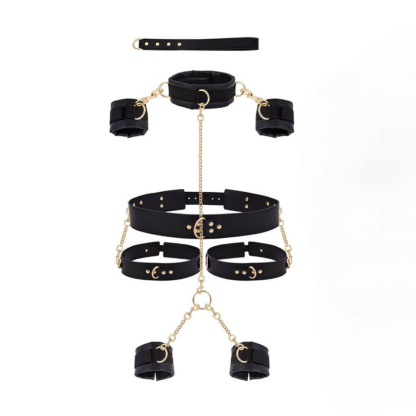 W6625未定价ชุดปลอกคอ-กุญแจมือ-กุญแจเท้าแบบชิ้นเดียว โซ่สีทอง สำหรับควบคุมท่าทาง วัสดุPU