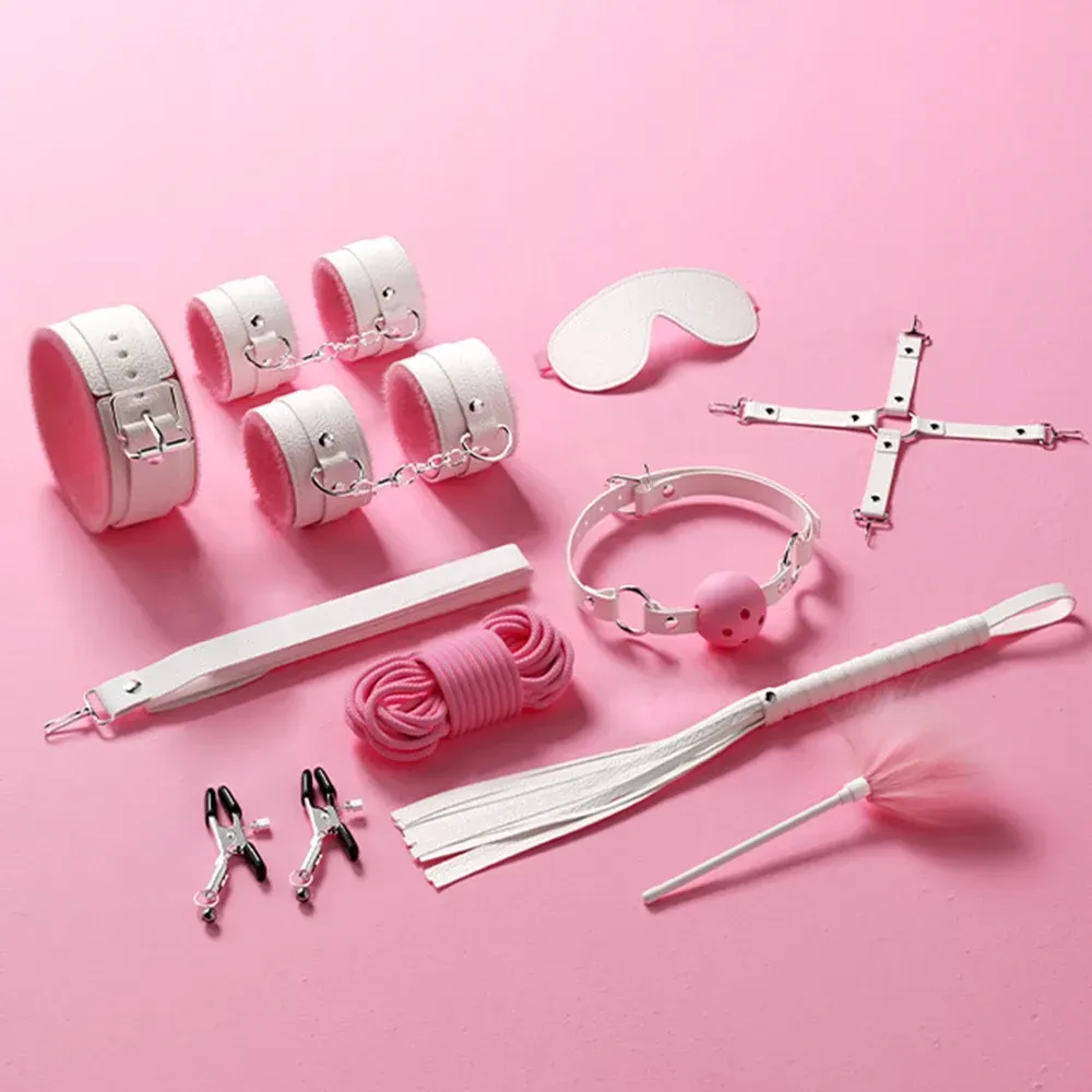 อุปกรณ์พันธนาการ ชุดเครื่องหนัง 10 ชิ้น ลายผิวแบบลูกลิ้นจี่ วัสดุ PU