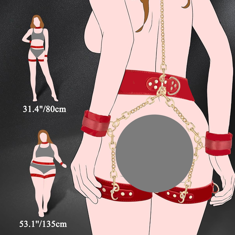 W6625未定价ชุดปลอกคอ-กุญแจมือ-กุญแจเท้าแบบชิ้นเดียว โซ่สีทอง สำหรับควบคุมท่าทาง วัสดุPU