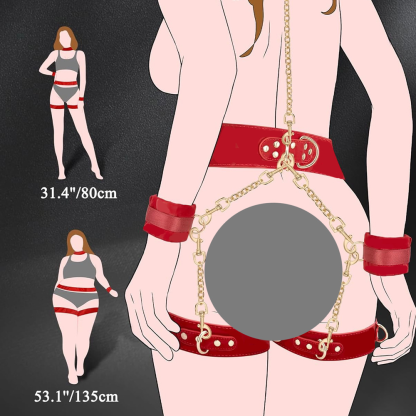 W6625未定价ชุดปลอกคอ-กุญแจมือ-กุญแจเท้าแบบชิ้นเดียว โซ่สีทอง สำหรับควบคุมท่าทาง วัสดุPU