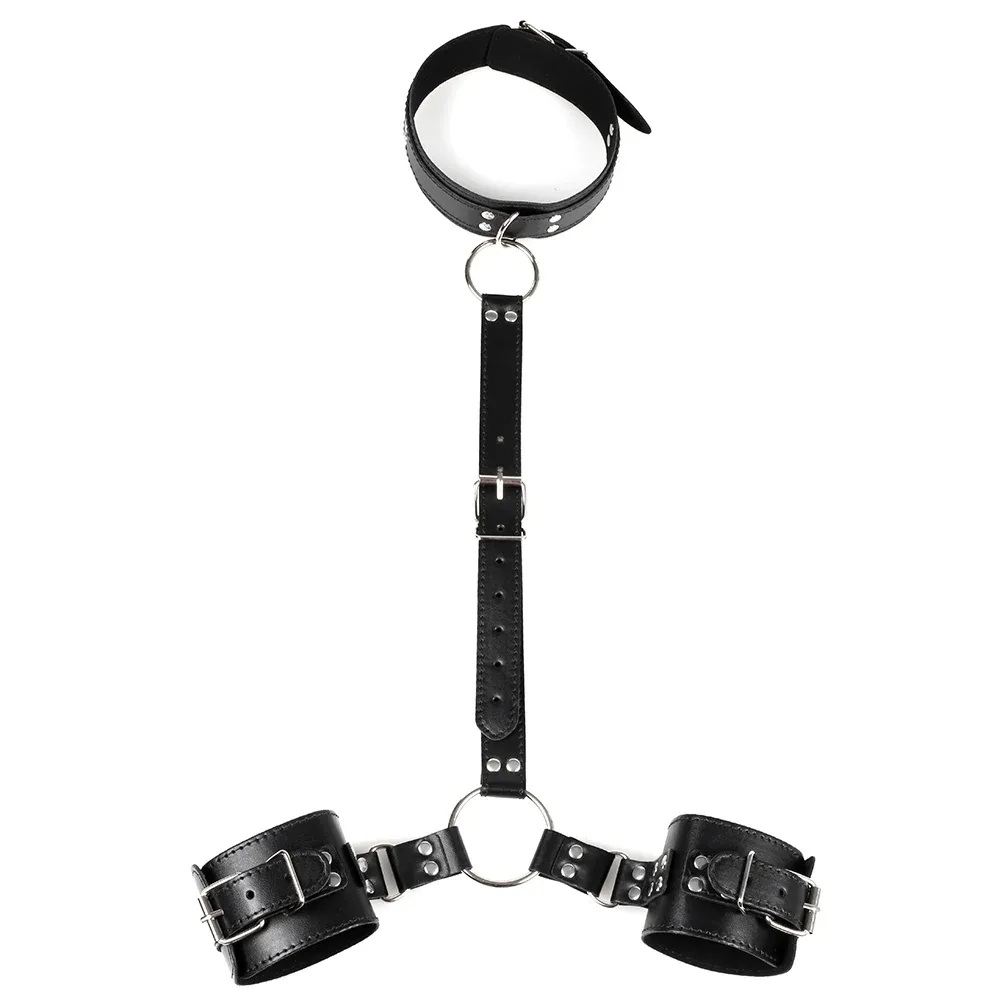 ชุดเซ็ทพันธนาการ BDSM ชุดSMซาดิสอุปกรณ์ เชื่อมต่อมือกับคอ ใช้สำหรับการฝึก วัสดุ PU กุญแจมือ ปลอกคอ