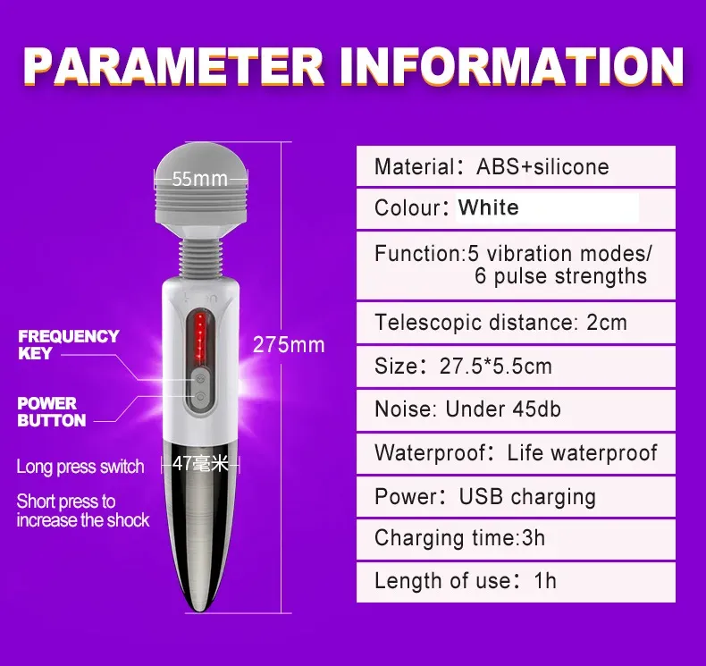 LETEN 5 Vibration Modes 6 Pulse Current Levels Wand Vibrator