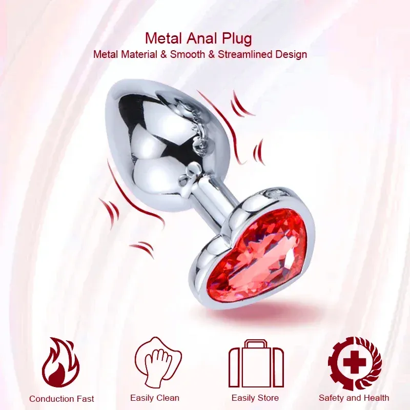 Silver Butt Plug With Heart-Shaped Base 3 Sizes And 4 Colors