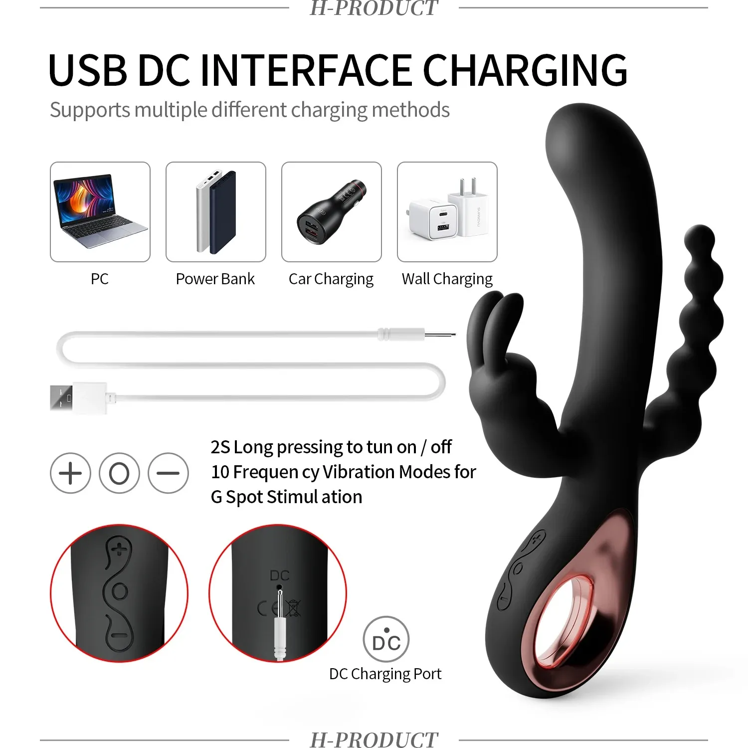 Finger Grip 10 Frequencies Rabbit Ear Beaded 3-Head Vibrator