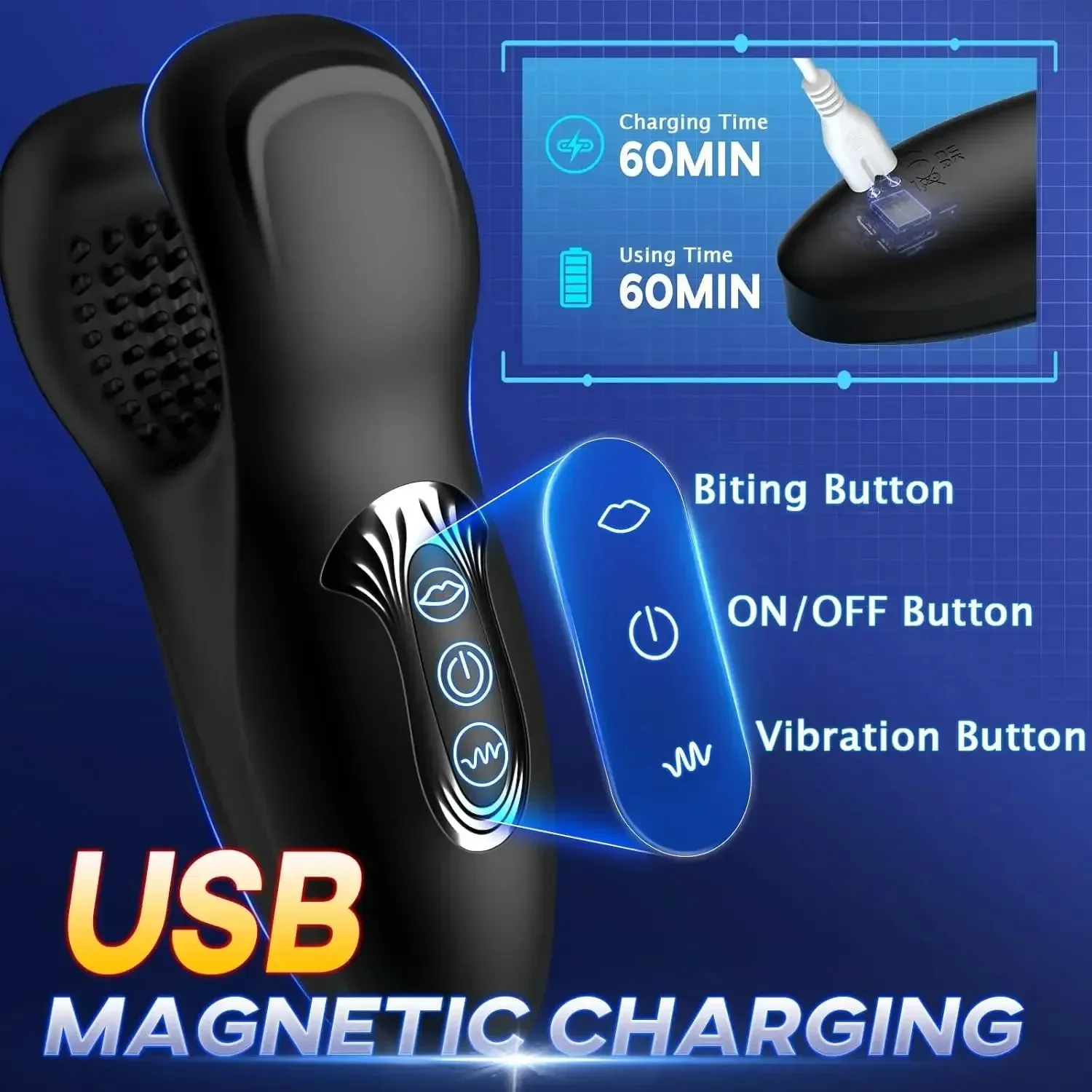 Open-Ended 3 In 1 Male Masturbator 10 Bites + 10 Vibrations