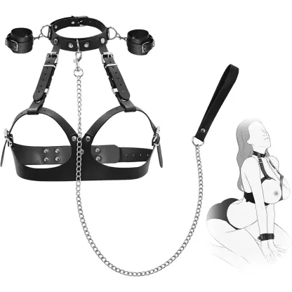 ชุดเซท BDSM ชุดSMประกอบด้วยปลอกคอ ปลอกอก และกุญแจมือ วัสดุ PU