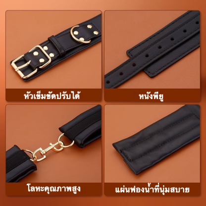 W6625未定价ชุดปลอกคอ-กุญแจมือ-กุญแจเท้าแบบชิ้นเดียว โซ่สีทอง สำหรับควบคุมท่าทาง วัสดุPU