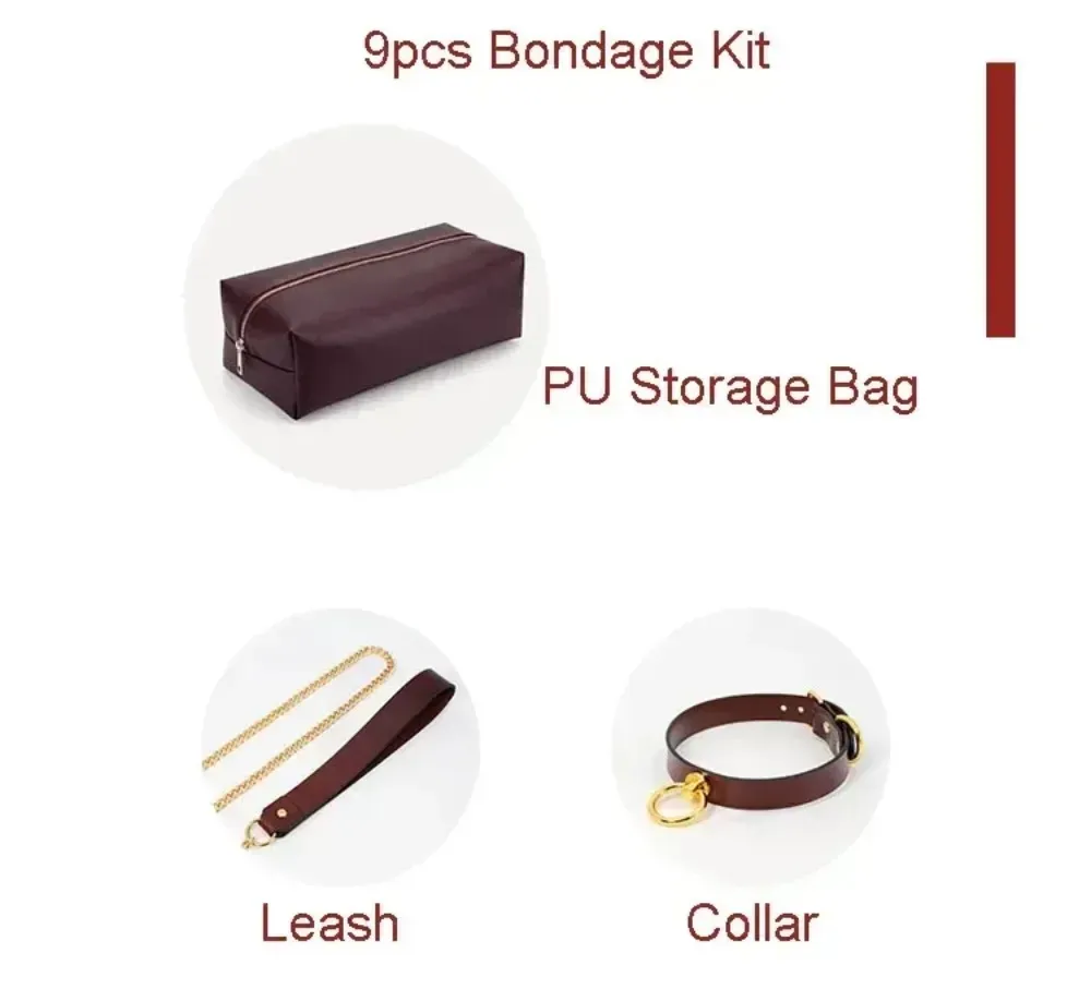 ชุดเซท BDSM ชุดSM 9 ชิ้น สำหรับการผูกมัดและการฝึกสอน วัสดุPU นายทาส การยอมจำนน