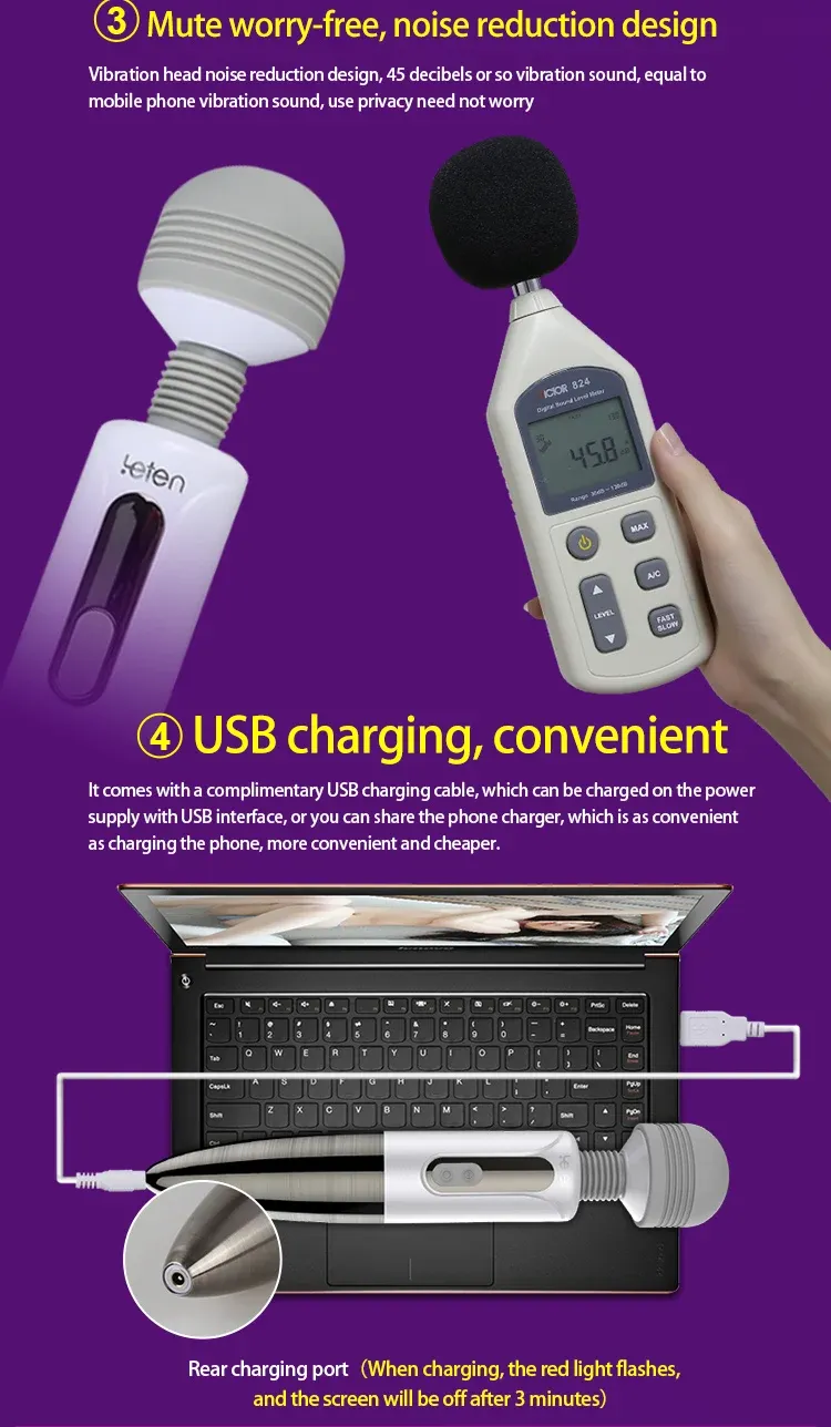 LETEN 5 Vibration Modes 6 Pulse Current Levels Wand Vibrator