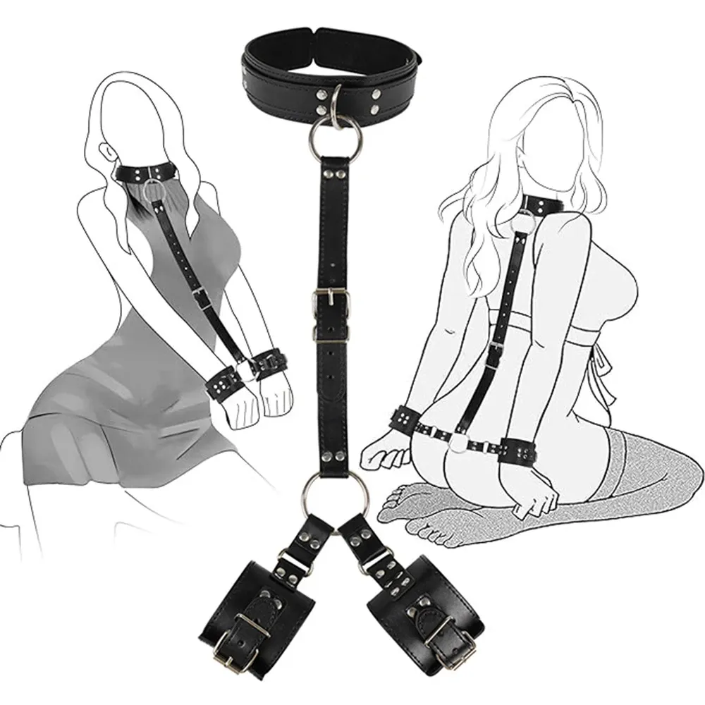 ชุดเซ็ทพันธนาการ BDSM ชุดSMซาดิสอุปกรณ์ เชื่อมต่อมือกับคอ ใช้สำหรับการฝึก วัสดุ PU กุญแจมือ ปลอกคอ