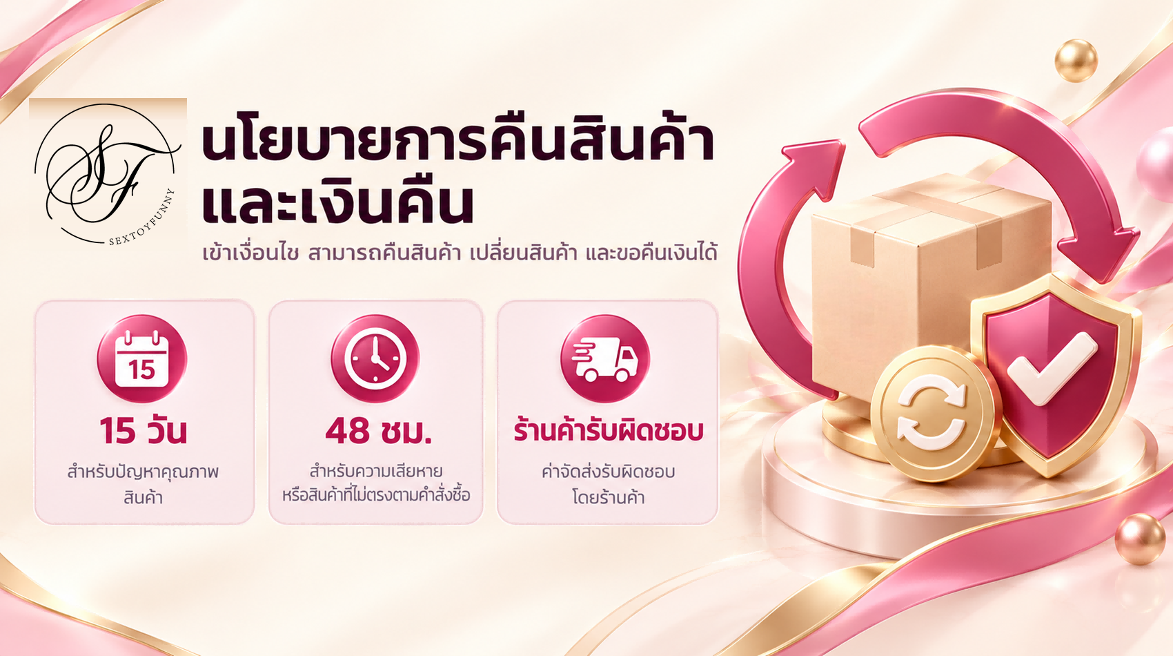 sextoyfunny มีนโยบายคืน-เปลี่ยน-คืนเงิน หากเข้าเงื่อนไข คืน/เปลี่ยน/คืนเงินได้ฟรี