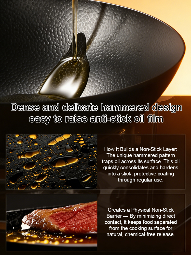 【Hand-Hammered 100,000 Times】For the price of a burger 🍔, ownthis natural non-stick iron wok that's completely rust-proof and has ZERO chemical coatings. 🌱