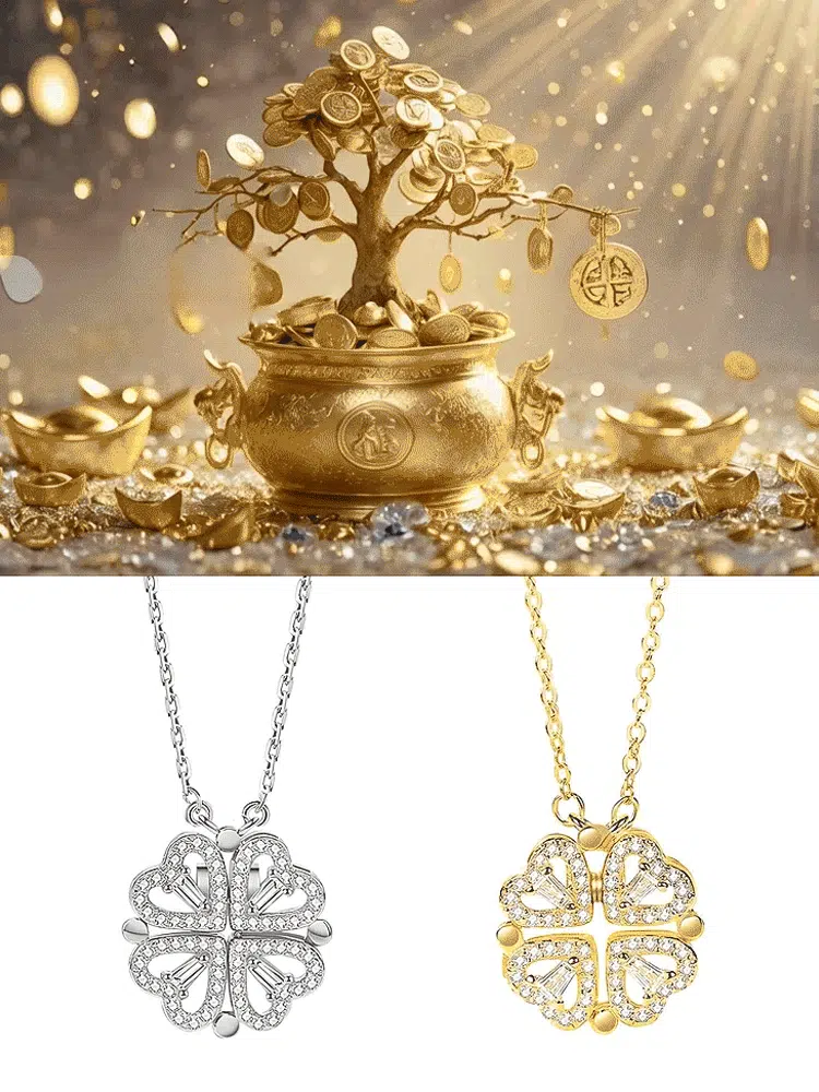 🌟 For the price of a bouquet 💐, get this 2-in-1 Magnetic "Hearts to Clover" Necklace: 18K Gold Finish & South African Sparkle 👍—the Perfect Gift! 👍