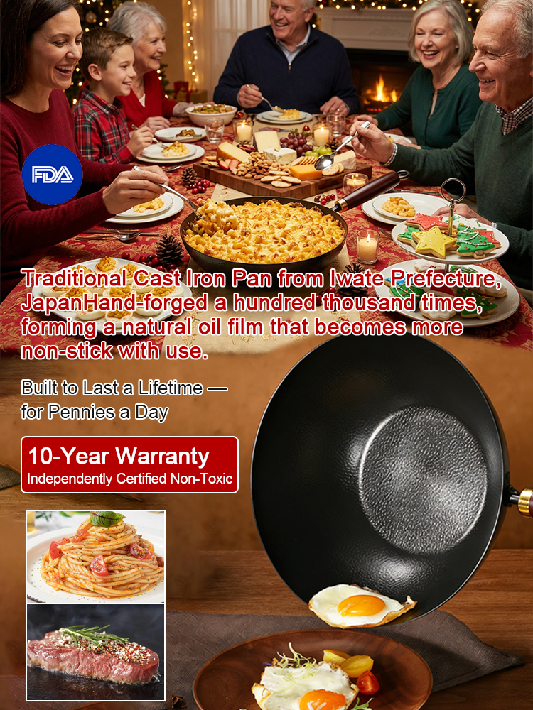 【Hand-Hammered 100,000 Times】For the price of a burger 🍔, ownthis natural non-stick iron wok that's completely rust-proof and has ZERO chemical coatings. 🌱