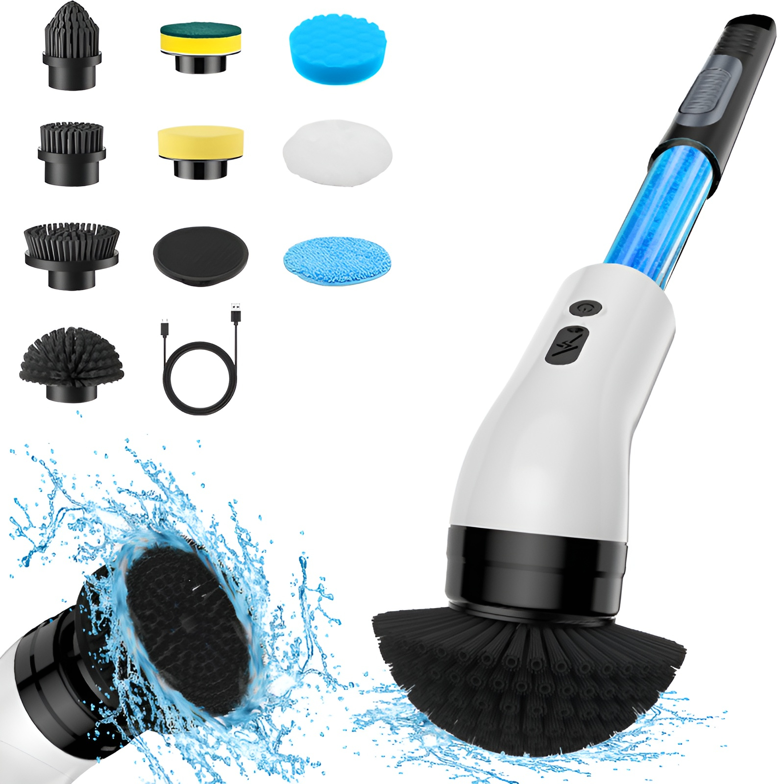 Electric cleaning brush removing soap scum from bathtub