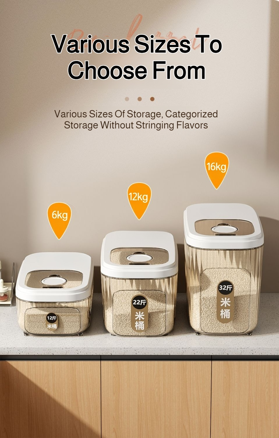 Transparent rice bin with measuring scoop