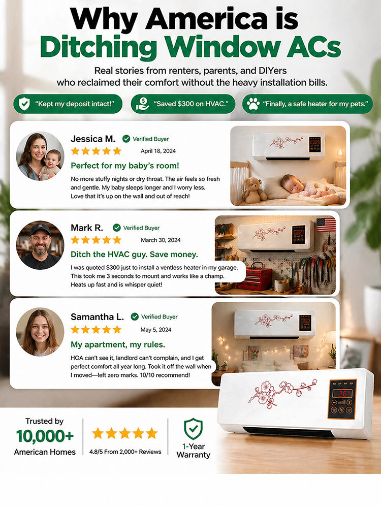 German No-Install Wall AC:Plug & Play Cooling & Heating. No-Drill. 10-Year Warranty