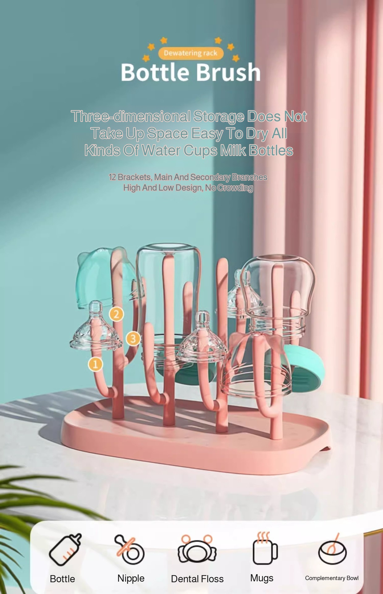 Hygienic baby bottle drying rack on kitchen counter