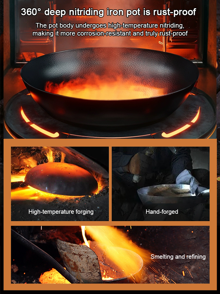【Hand-Hammered 100,000 Times】For the price of a burger 🍔, ownthis natural non-stick iron wok that's completely rust-proof and has ZERO chemical coatings. 🌱