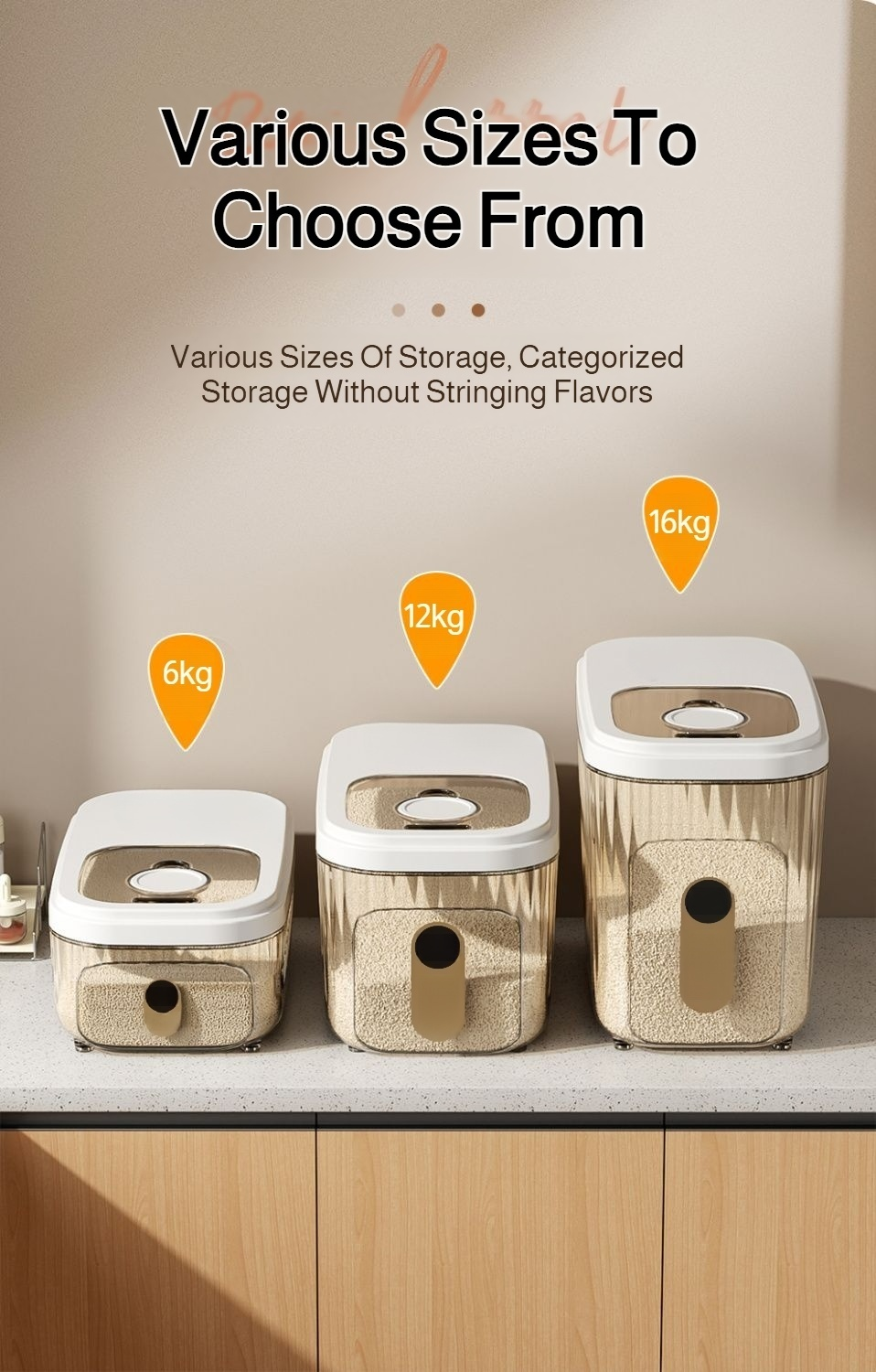 Transparent rice bin with measuring scoop