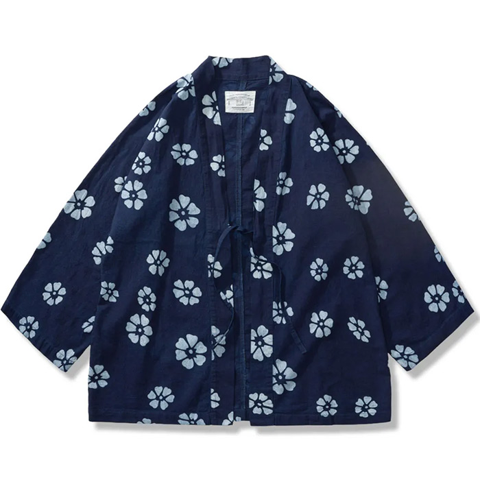藍染めプリント柄付き半纏-Rustaku