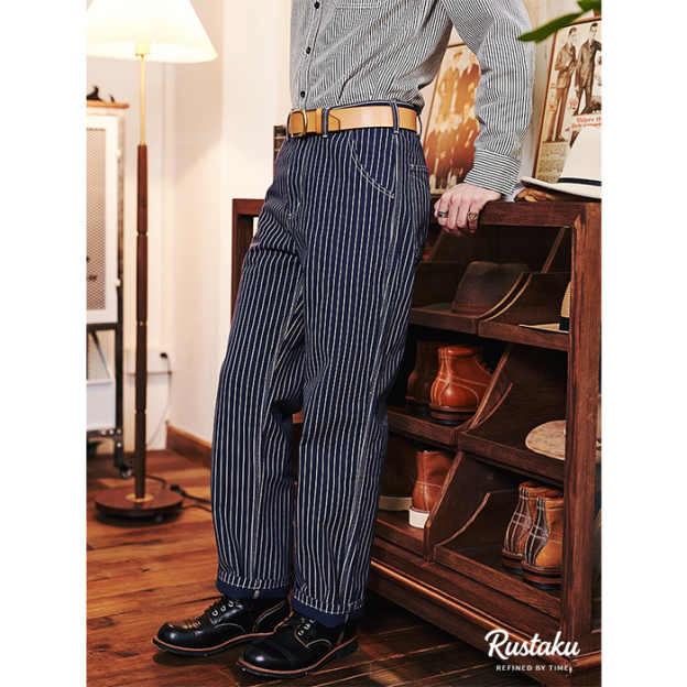 ドット抜染ストライプ柄ワークパンツ-Rustaku