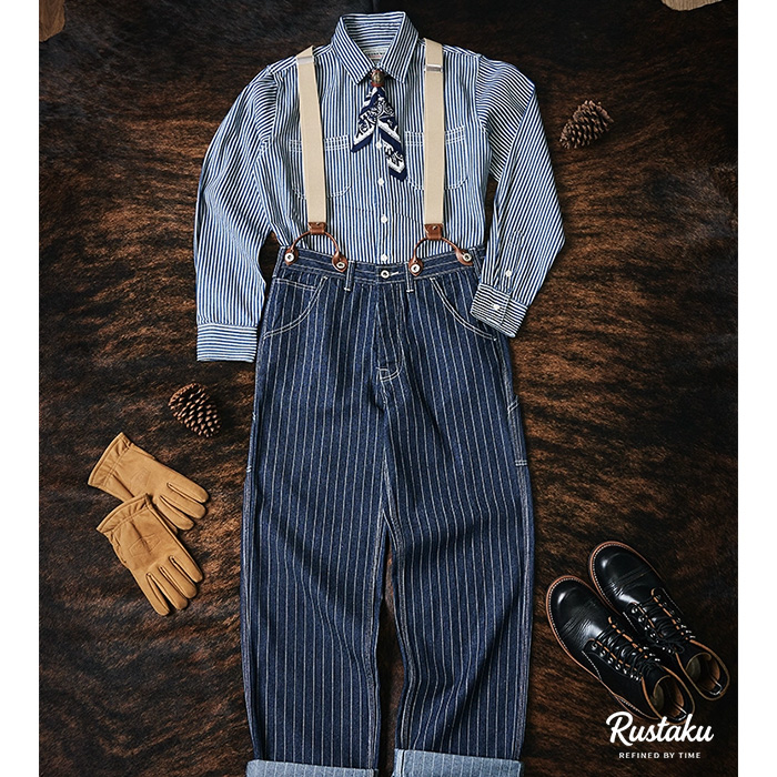 ストライプ柄サロペット アメカジ-Rustaku