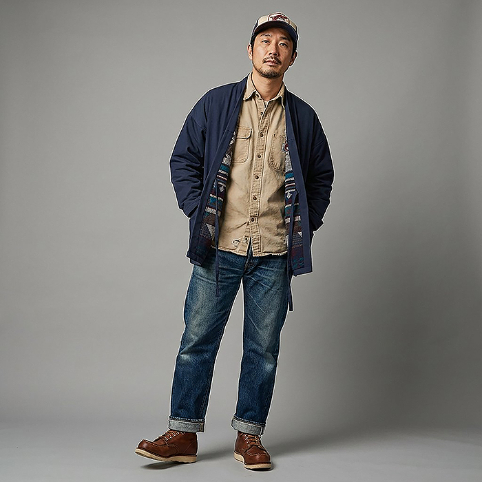 植物染め 和風レトロなリバーシブル仕様半纏-Rustaku