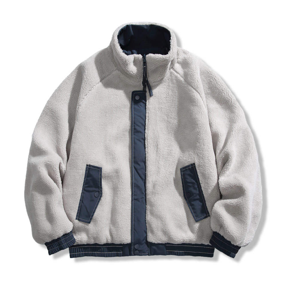 リバーシブル仕様 無地&フリース素材 スタンドカラーラグランスリーブ