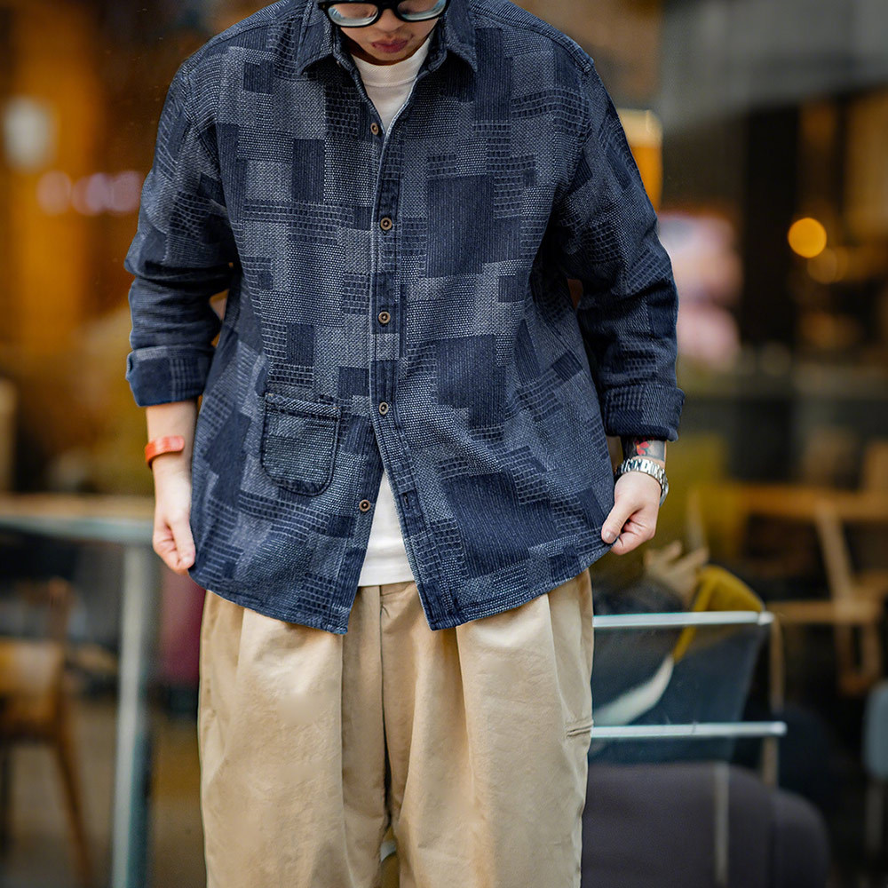 襤褸風刺し子先染めデニムシャツ-Rustaku