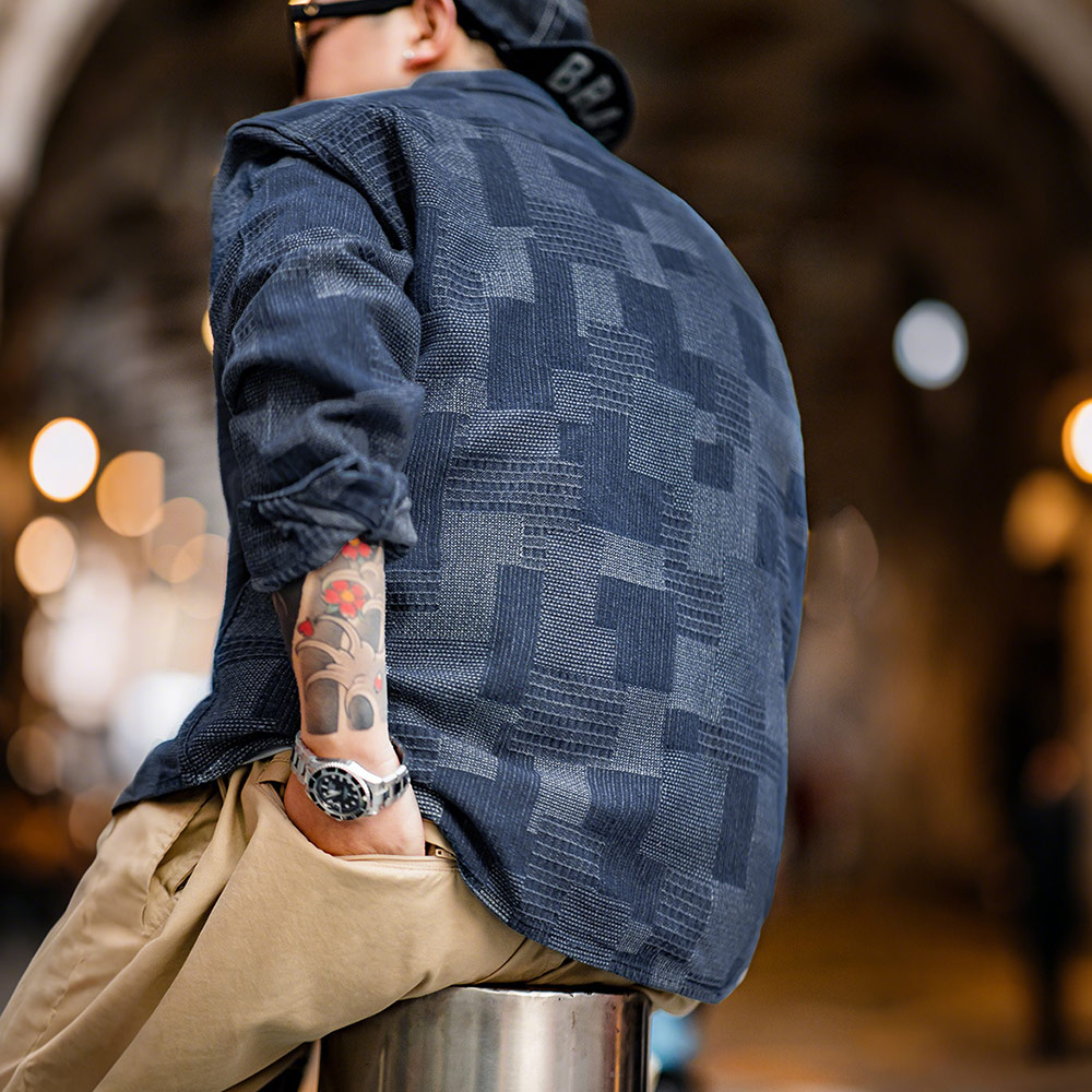 襤褸風刺し子先染めデニムシャツ-Rustaku