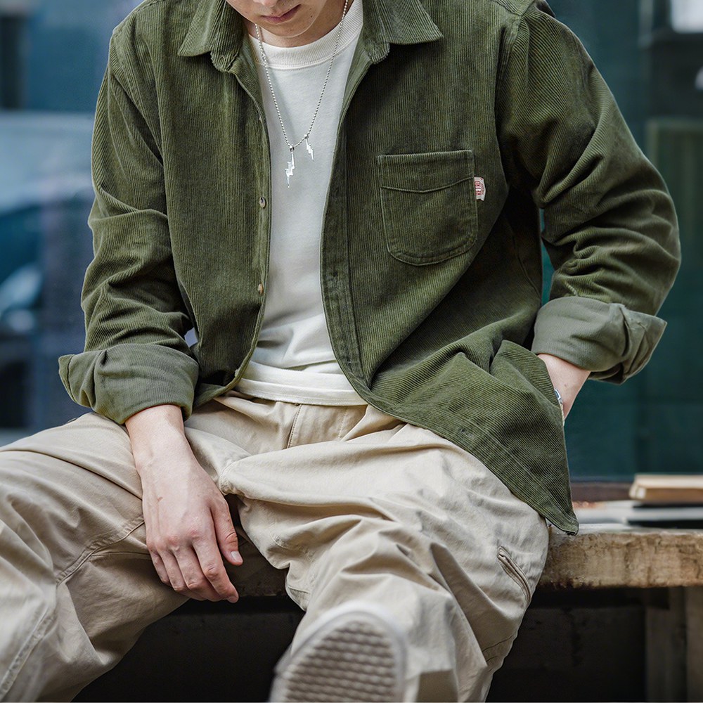 長袖シャツ ダークグリーン 刺繍 ワッペン コーデュロイ M ミリタリーシャツ グリーン 長袖シャツ 羽織り ワッペン 刺繍 アーミー