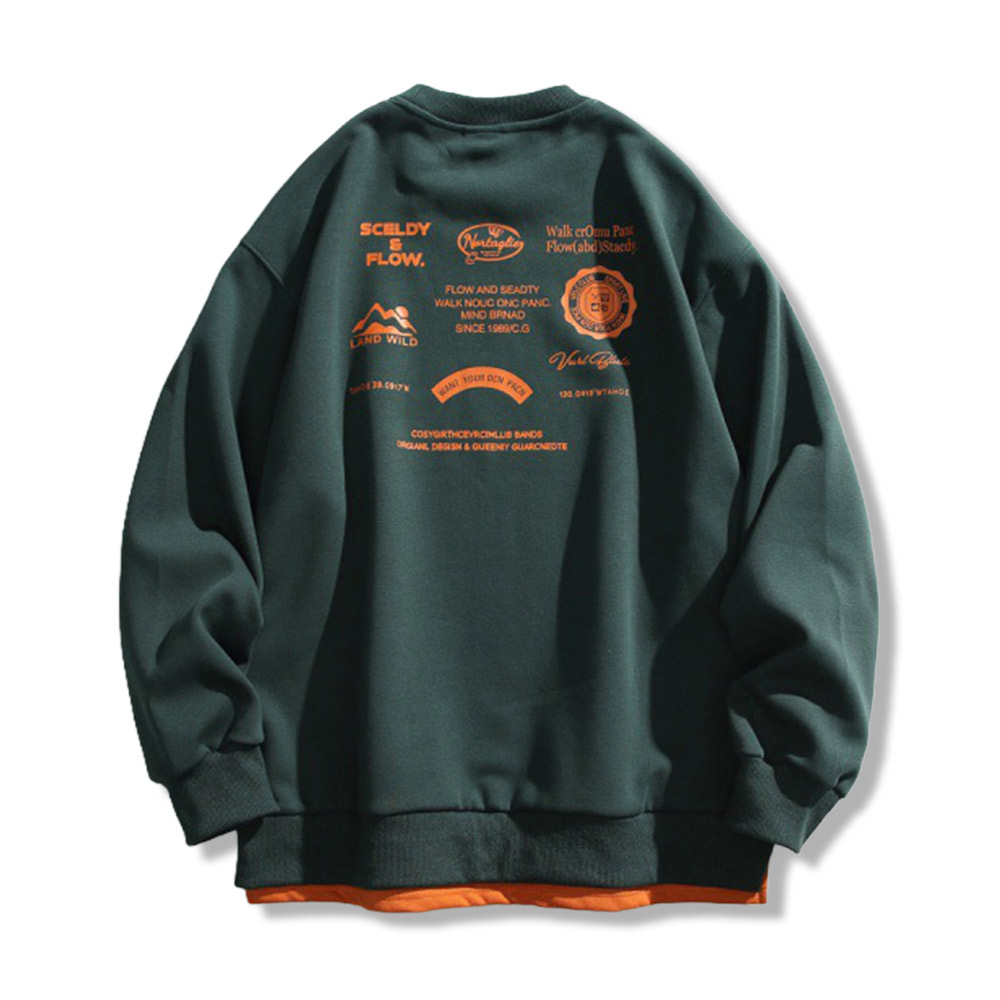 アメリカンヴィンテージ風 アウトドアプリント 配色切替 クルーネック