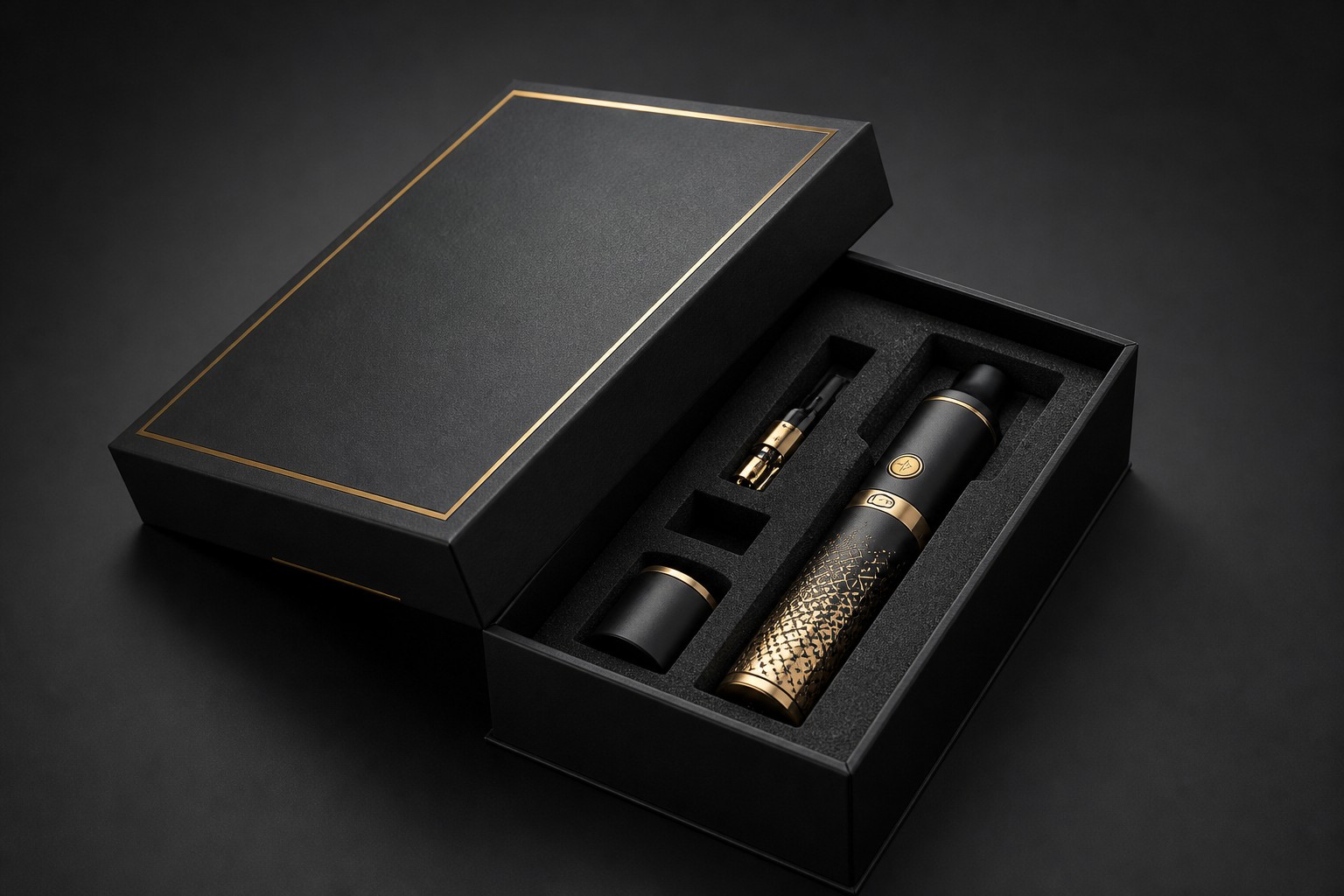 Premium black gift box with gold accents for electronic shisha device packaging