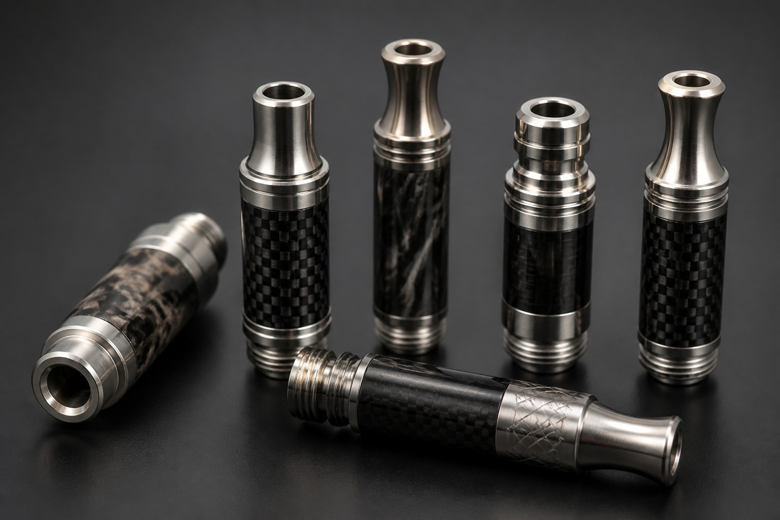 Close-up of customized stainless steel and carbon fiber electronic hookah mouthpieces