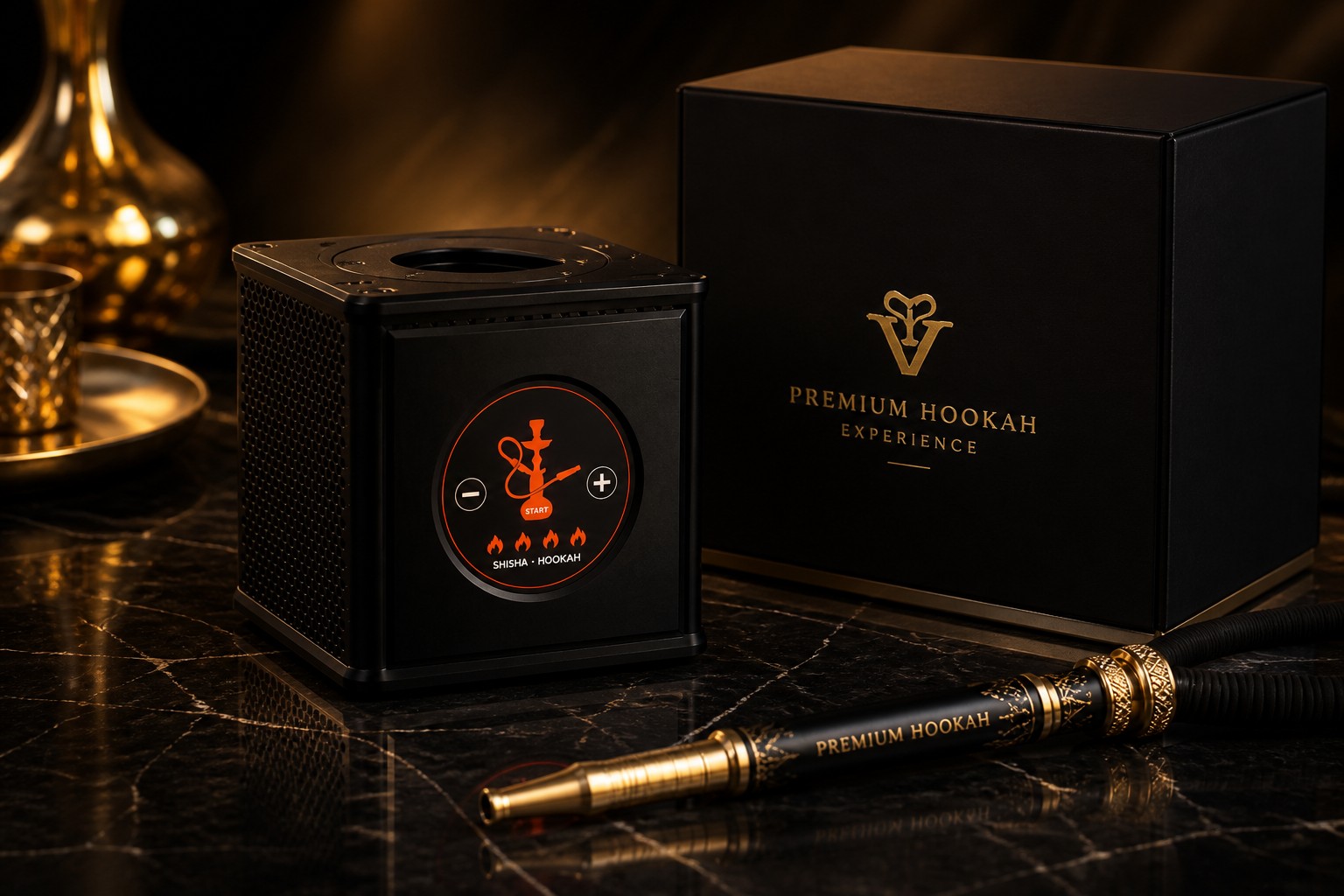 V8 Cube Electronic Hookah Heater with premium custom accessories and black-and-gold gift box on a dark marble surface