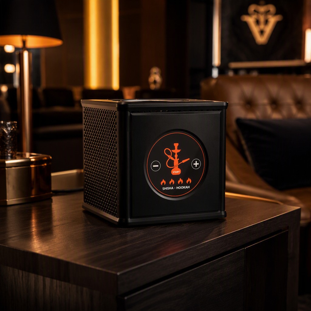 V8 Cube Electronic Hookah Heater with touch panel in luxury lounge