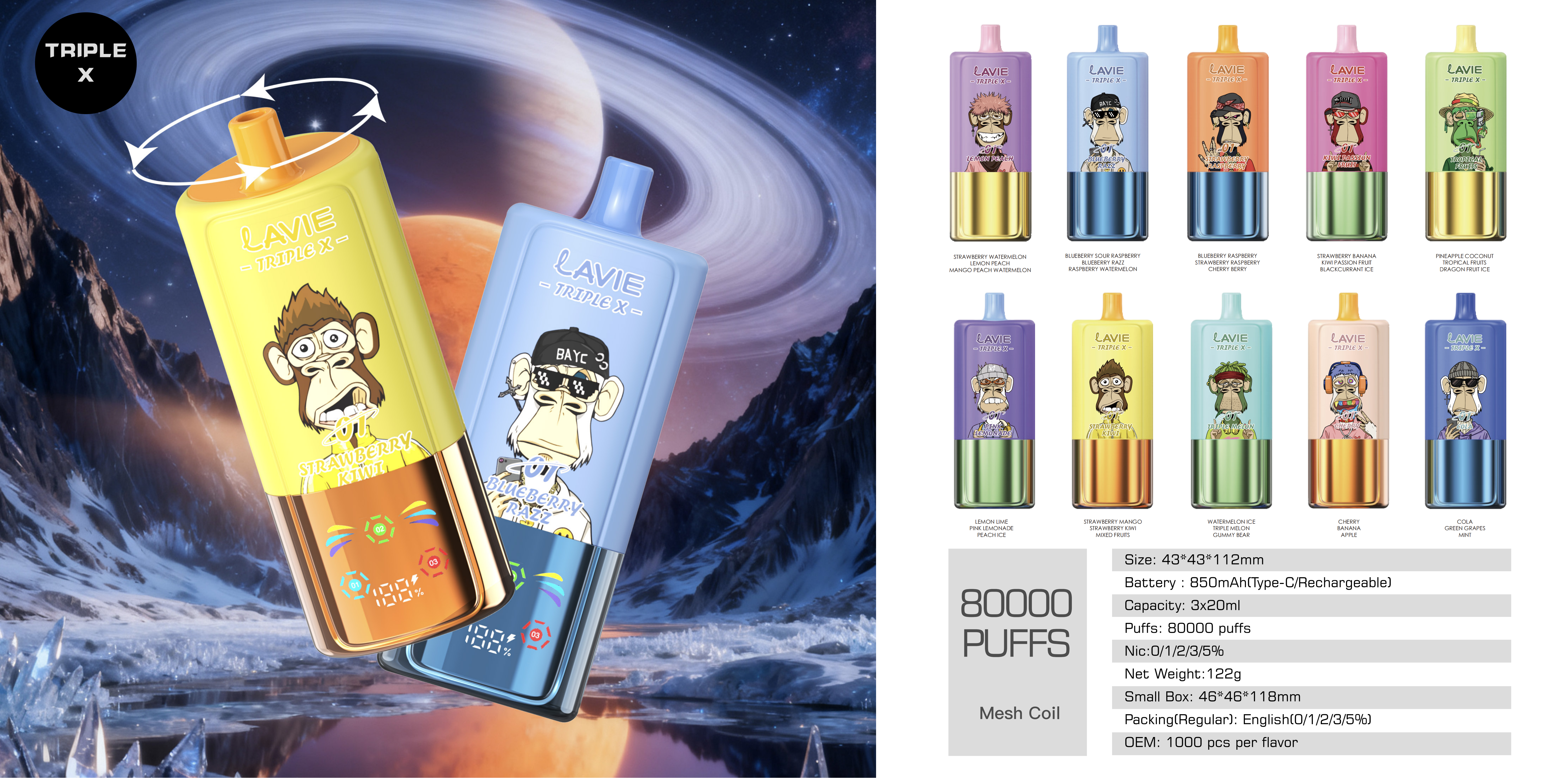 LAVIE TRIPLE X 80000 Puffs Rechargeable Disposable Vape | 3-in-1 Flavor Switchable