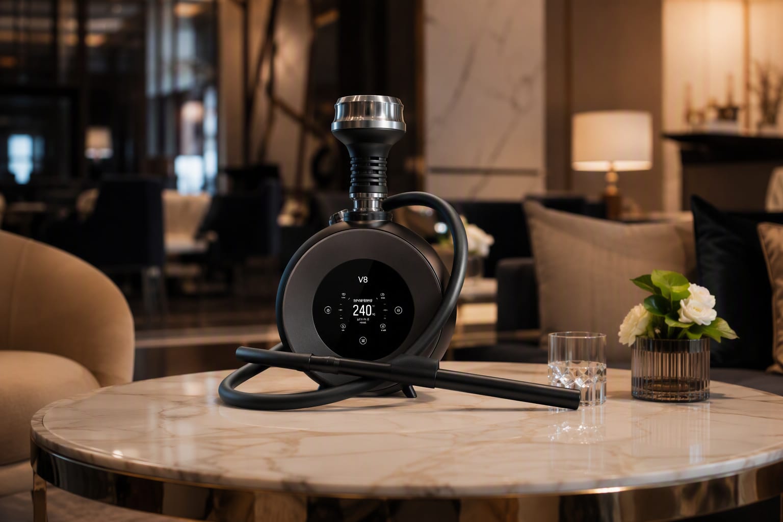 Electronic hookah product displayed in a refined hospitality lounge setting