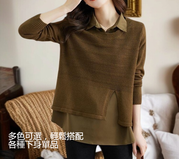 假兩件設計針織毛衣細節特寫