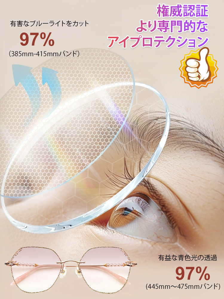 『人魚姫の涙』パール飾りのブルーライトカットリムレス老眼鏡
