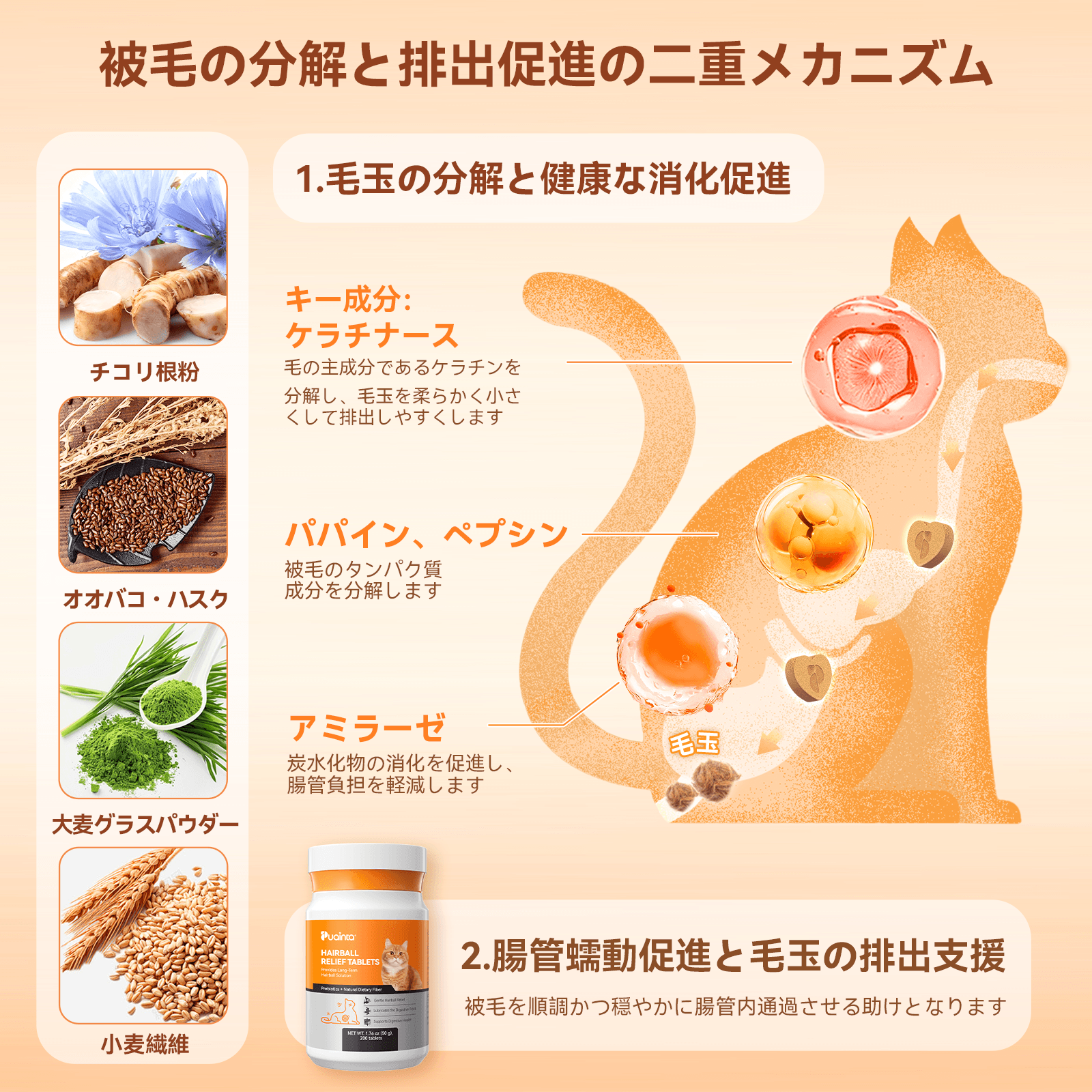 プアインタ 猫用毛玉ケアタブレット 吐き戻し・便秘・食欲低下に 酵素分解×植物繊維のWアプローチ 小粒で与えやすい 獣医師監修