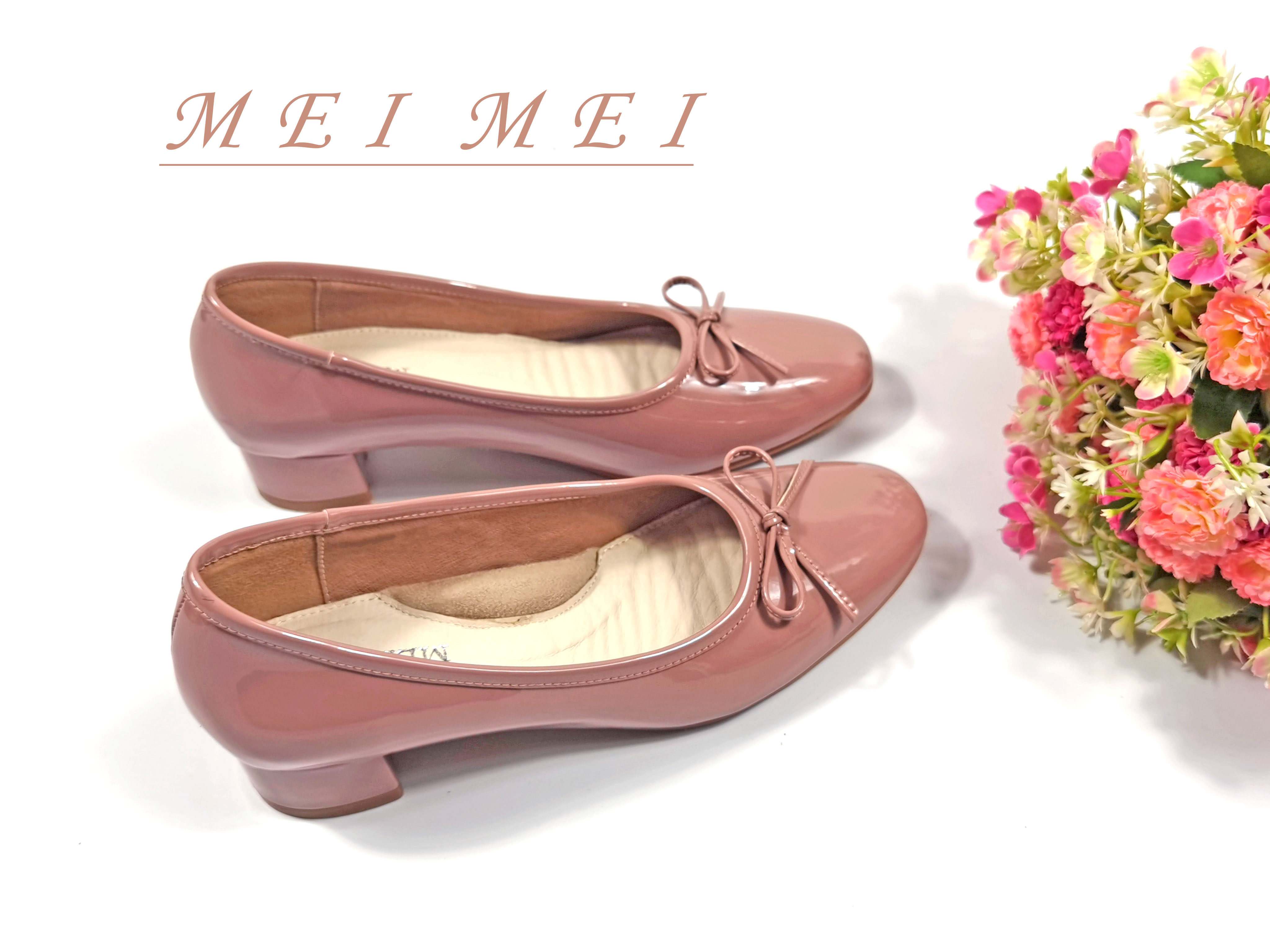 漆皮方頭小蝴蝶粗跟單鞋