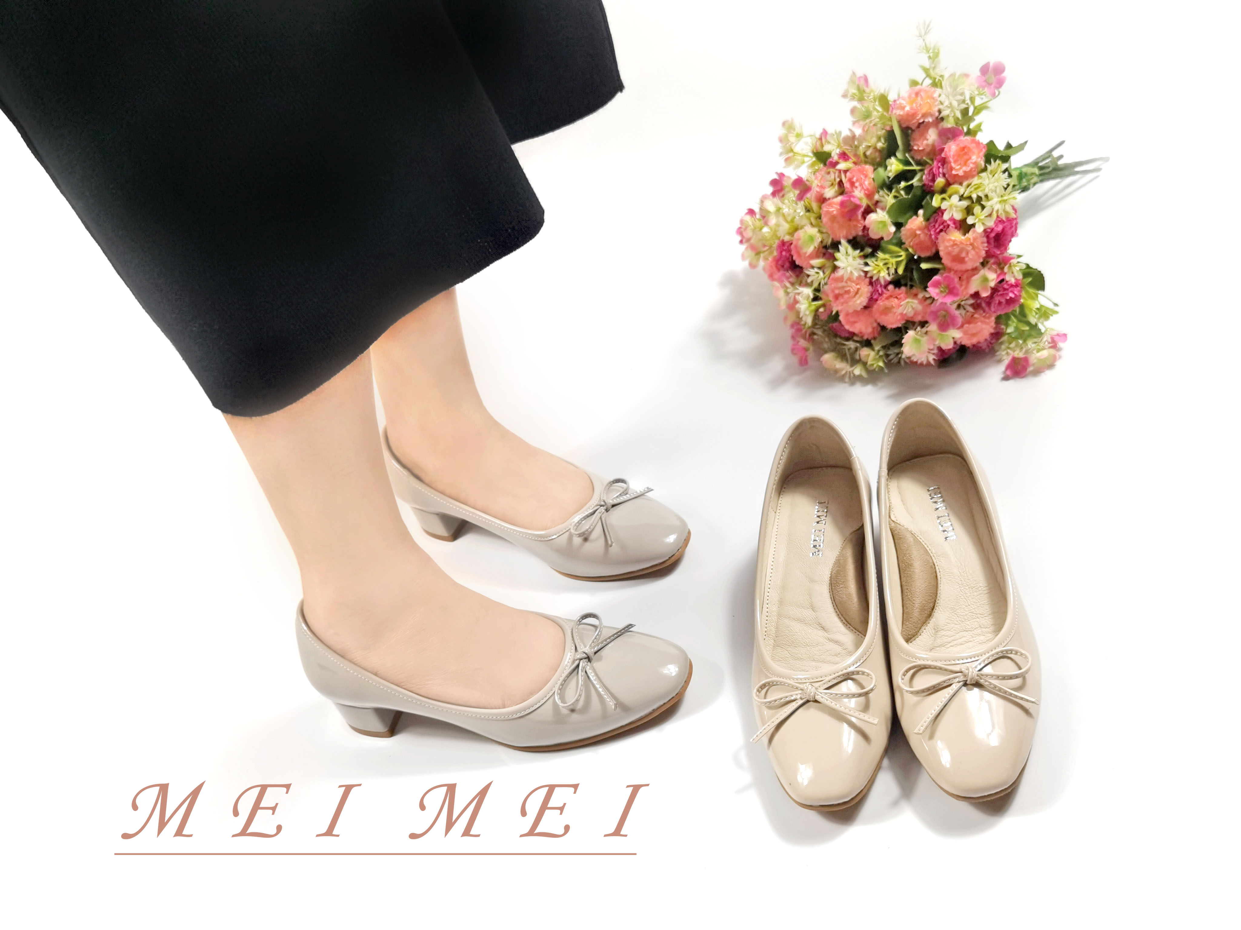 漆皮方頭小蝴蝶粗跟單鞋