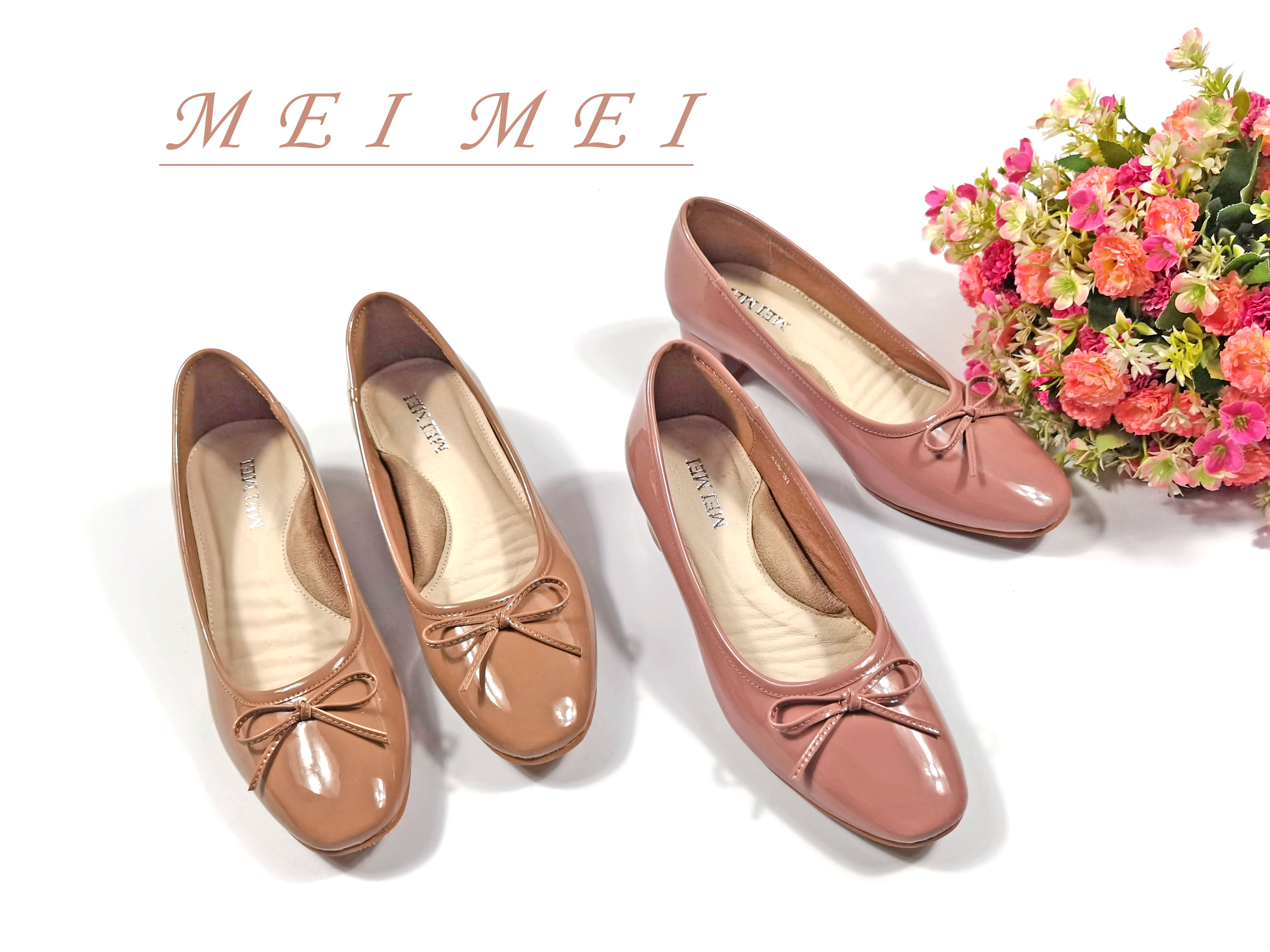 漆皮方頭小蝴蝶粗跟單鞋