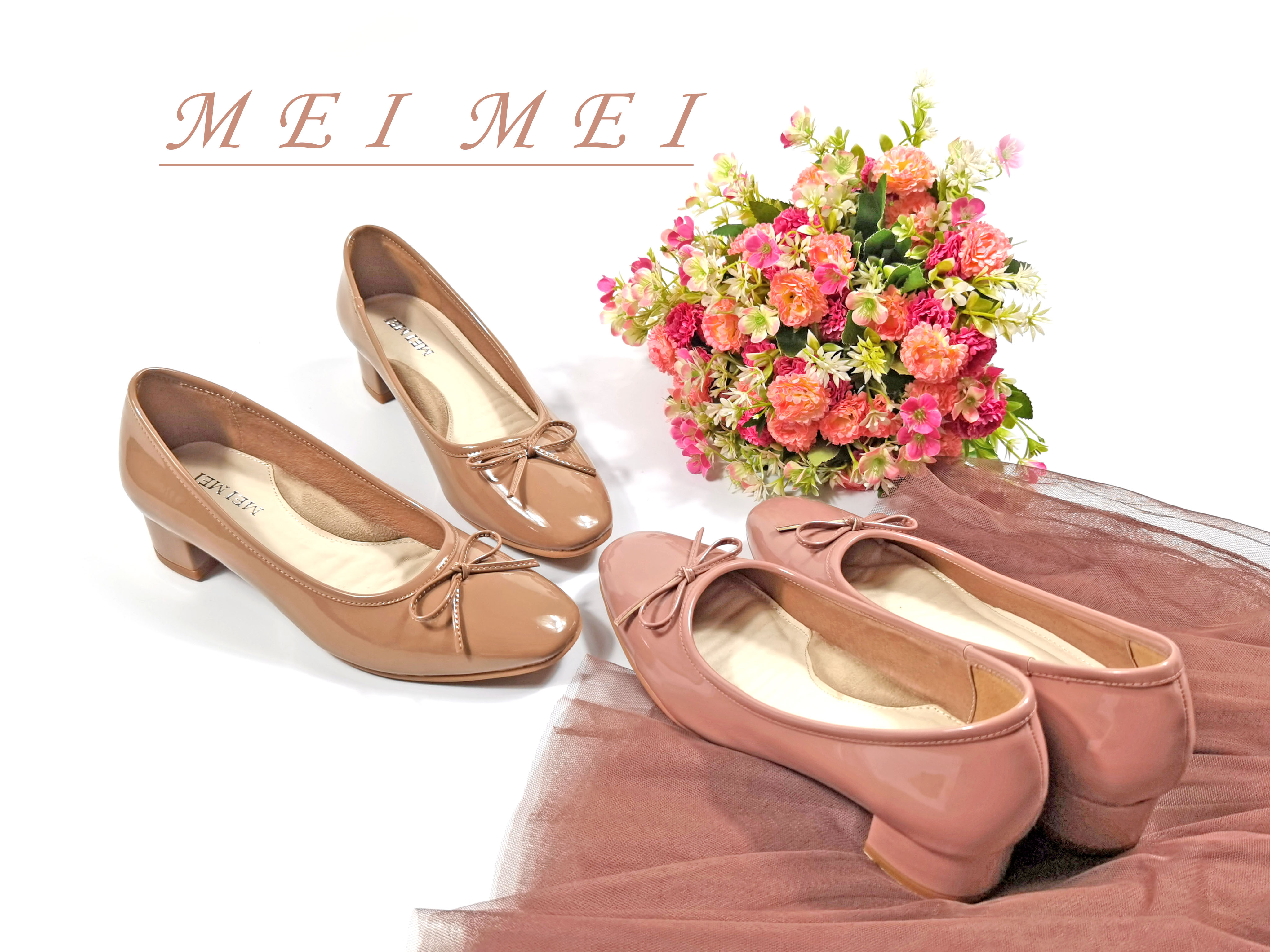 漆皮方頭小蝴蝶粗跟單鞋